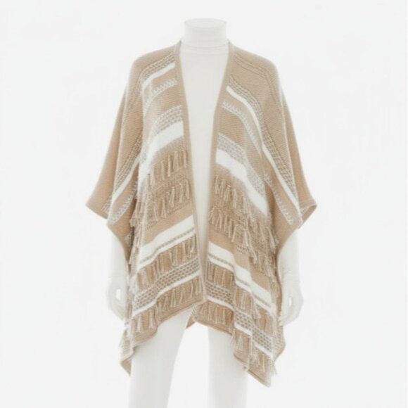 Chicos Women’s Mya Ruana Open Poncho Wrap Bohemian Textured Mixed Knit Fringe OS - Picture 1 of 10